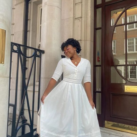 NEW — Simple Retro 100% Cotton Vintage White V-Neck Midi Victorian Dress - Picture 6 of 13